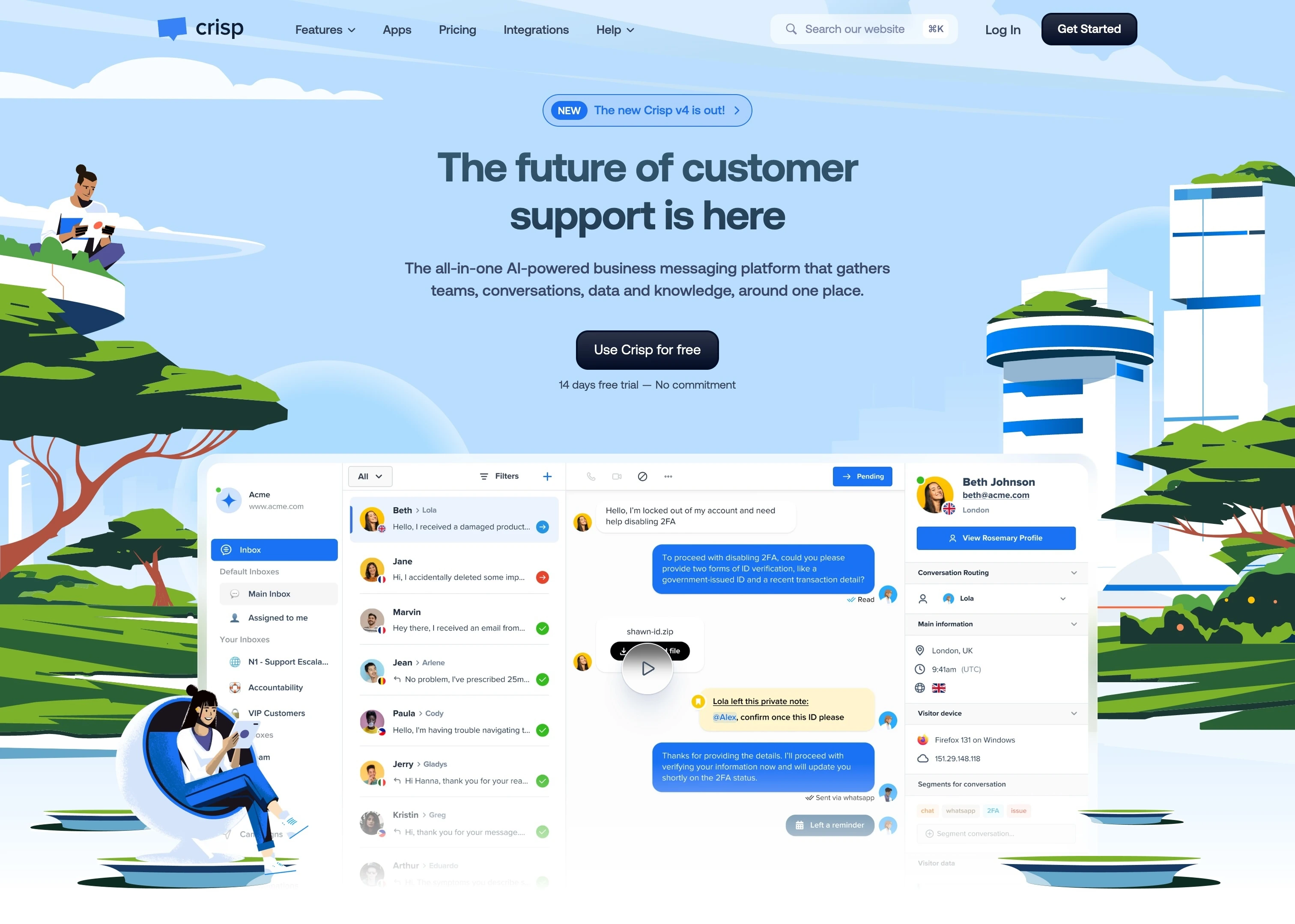 Website homepage for Crisp showing AI-powered customer support interface with user chat messages and profile details against a city park illustration background.