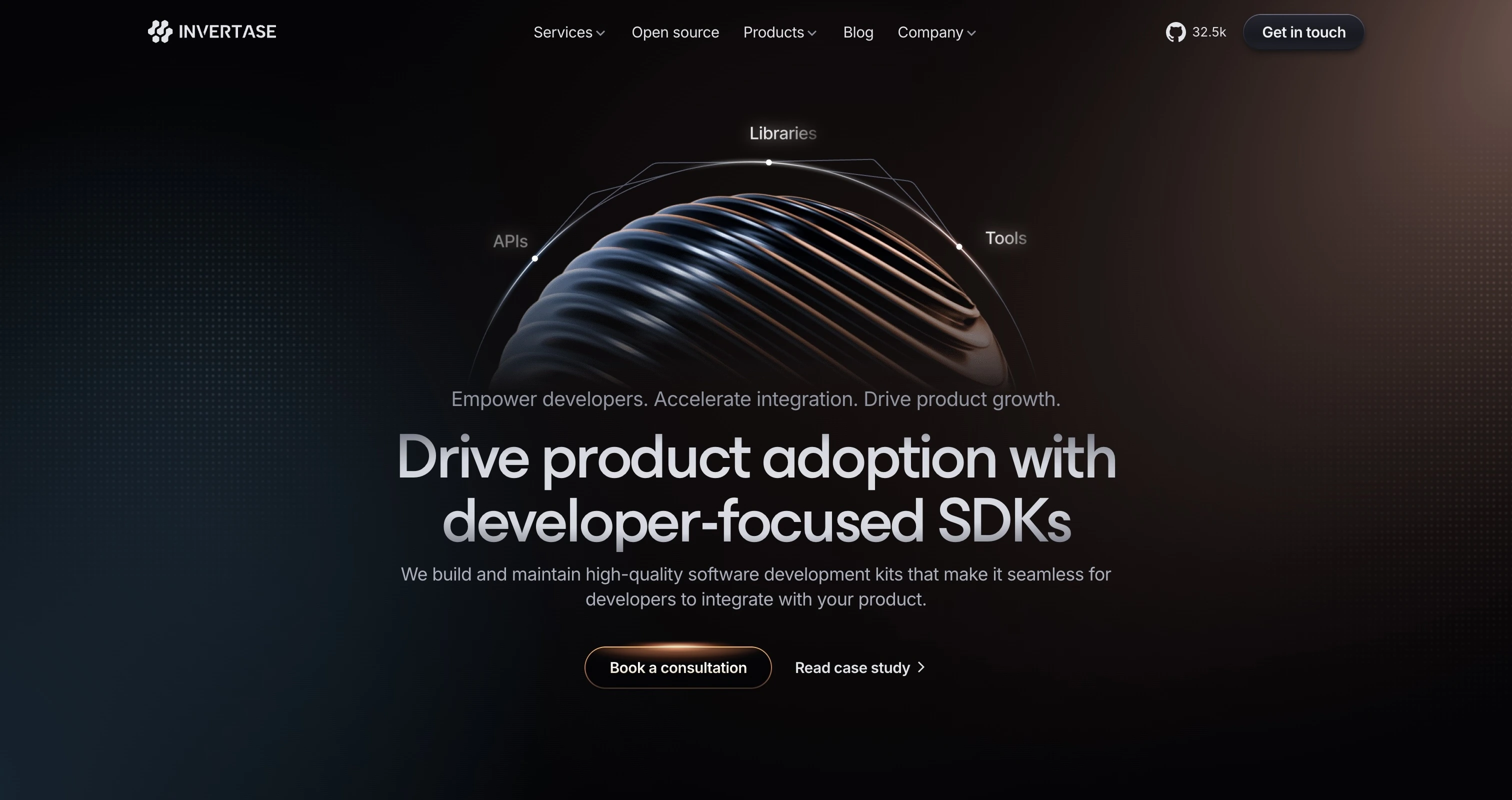 Invertase homepage with headline about driving product adoption using developer-focused SDKs and buttons for consultation and case study.
