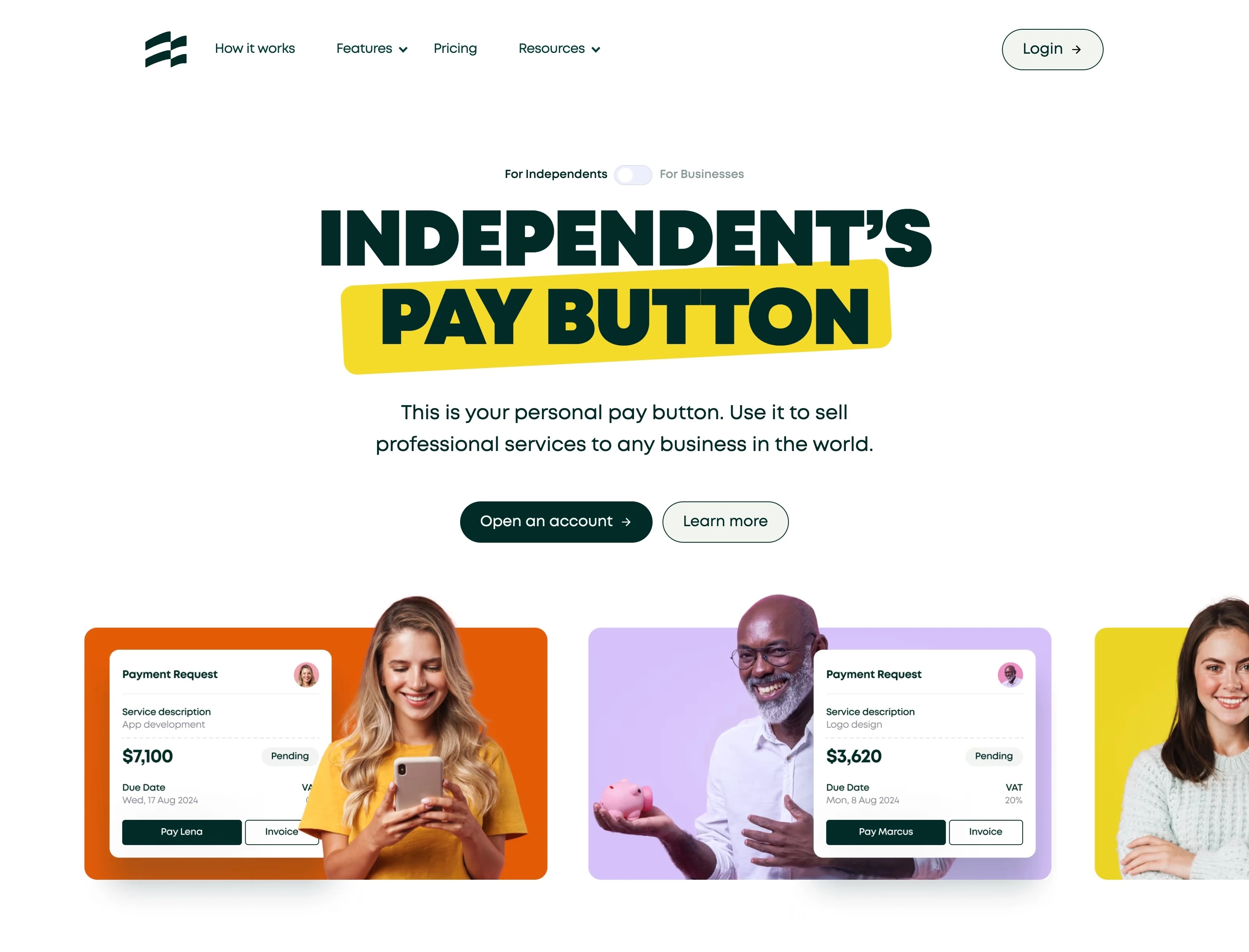 Website homepage showcasing Independent’s Pay Button with options to open an account or learn more, featuring smiling people and payment request examples.